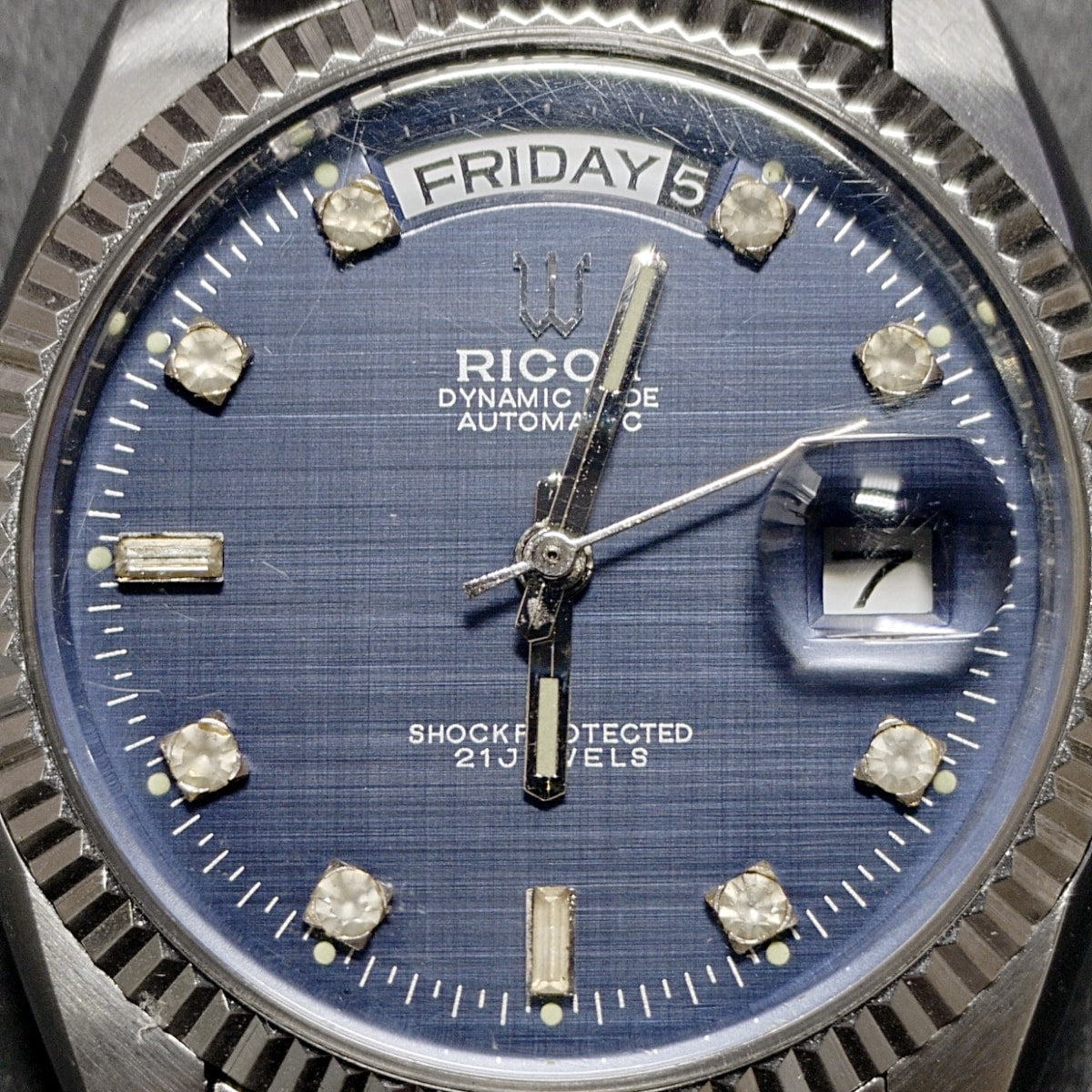 Ricoh Dynamic Wide Day-Date, blue checkered dial, original bracelet, serviced, 1960s