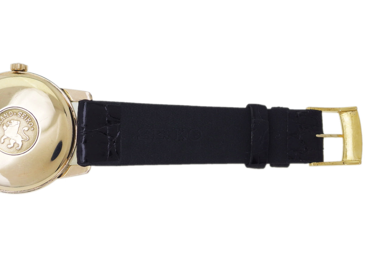 Grand Seiko First Model J14070, 14K gold-filled, original crown and buckle, manual-wind, serviced, manufactured in 1963 (Showa 38).