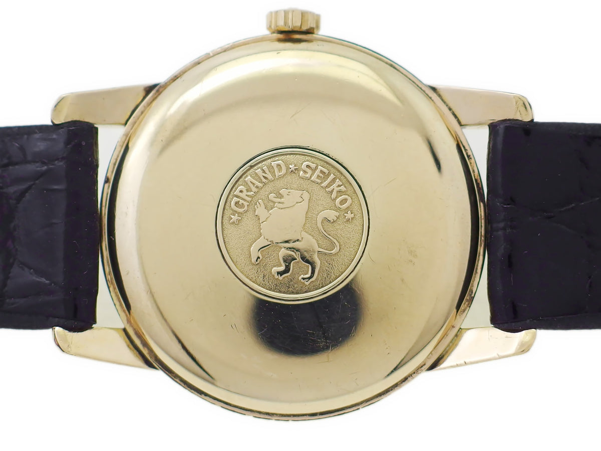 Grand Seiko First Model J14070, 14K gold-filled, original crown and buckle, manual-wind, serviced, manufactured in 1963 (Showa 38).