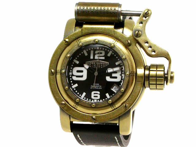 Retrek R-005 Brass-Tone Retro Finish Porthole-Style Automatic Black Dial German Made New