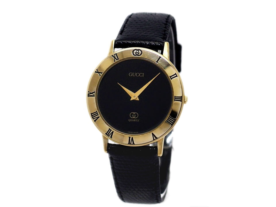 グッチ 3001M スイス製 メンズ 黒文字盤 GP クオーツ 1990年頃 USED　Gucci