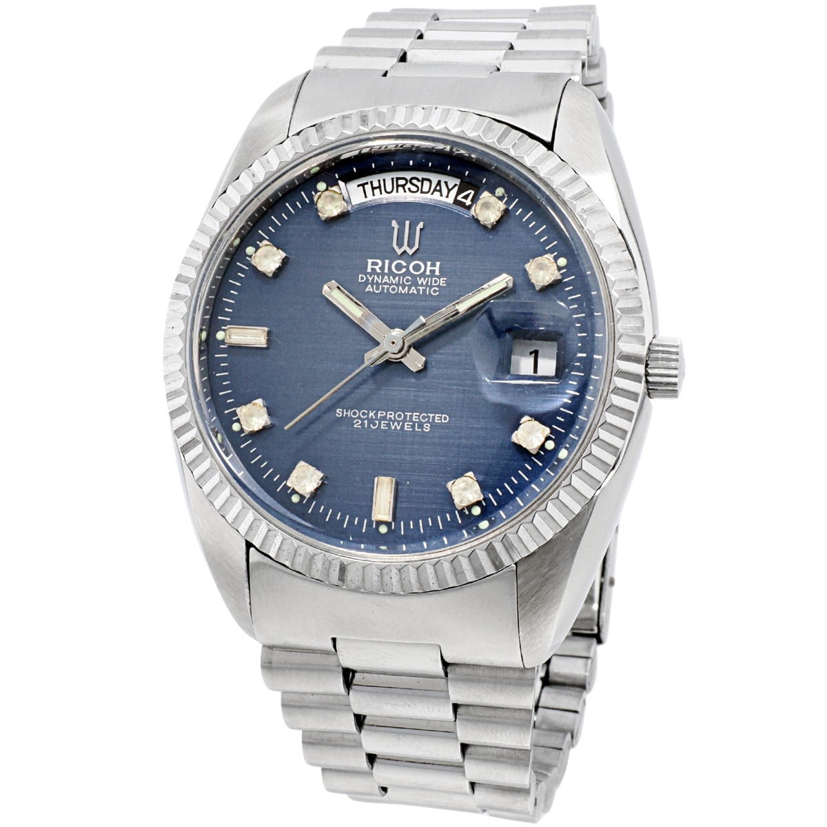 Ricoh Dynamic Wide Day-Date, blue checkered dial, original bracelet, serviced, 1960s