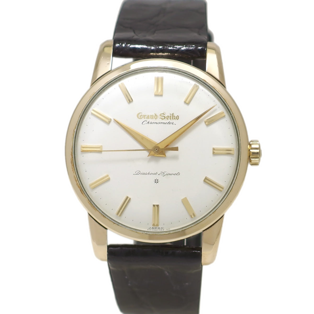 Grand Seiko First Model J14070, 14K gold-filled, original crown and buckle, manual-wind, serviced, manufactured in 1963 (Showa 38).