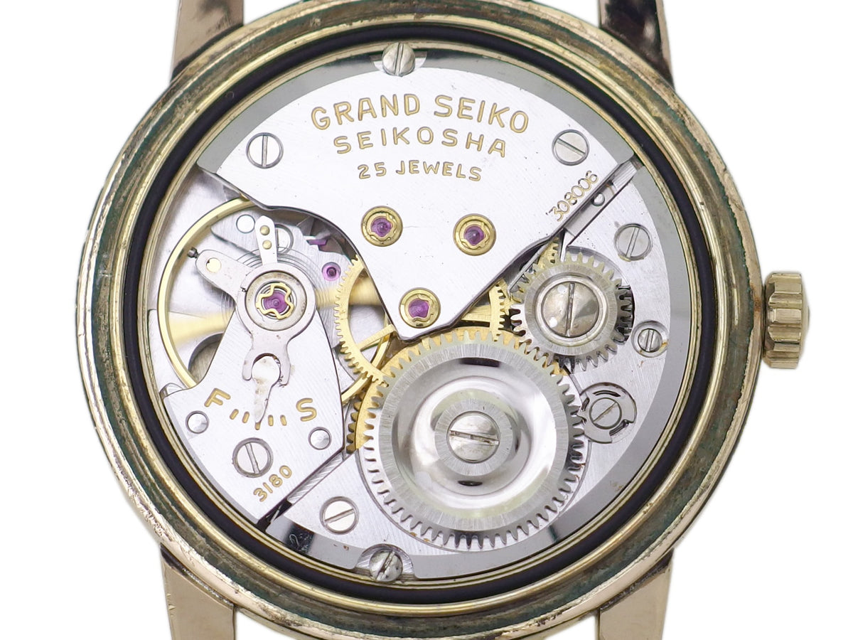 Grand Seiko First Model J14070, 14K gold-filled, original crown and buckle, manual-wind, serviced, manufactured in 1963 (Showa 38).