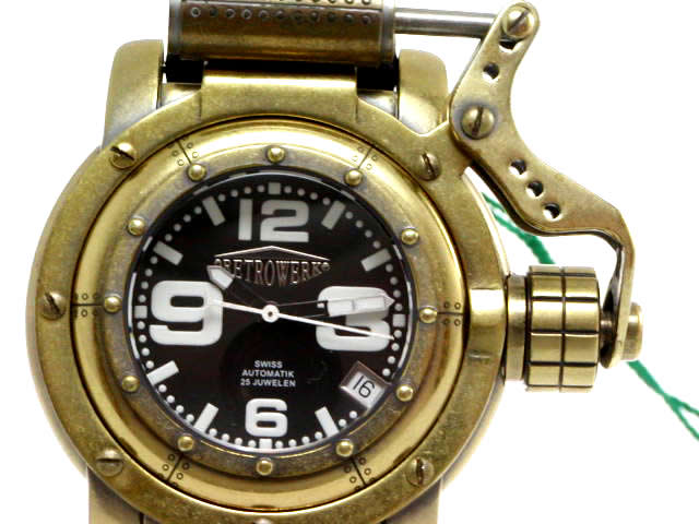 Retrek R-005 Brass-Tone Retro Finish Porthole-Style Automatic Black Dial German Made New