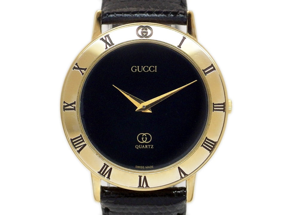 グッチ 3001M スイス製 メンズ 黒文字盤 GP クオーツ 1990年頃 USED　Gucci