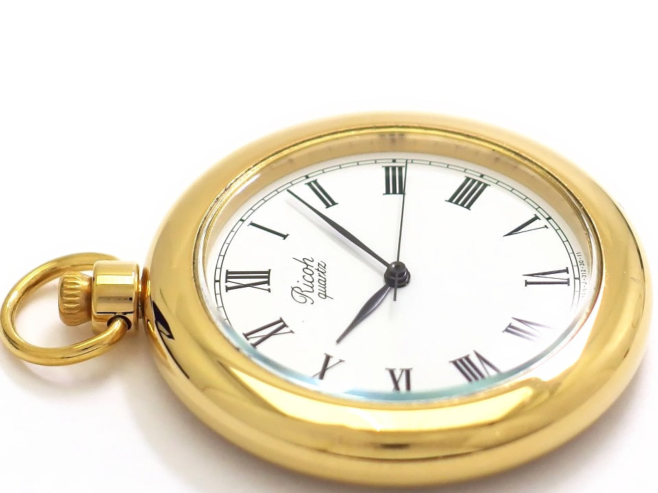 リコー 懐中時計 37mm Ref.312011 ローマインデックス 金メッキ 鎖付き クオーツ 1990年代 USED