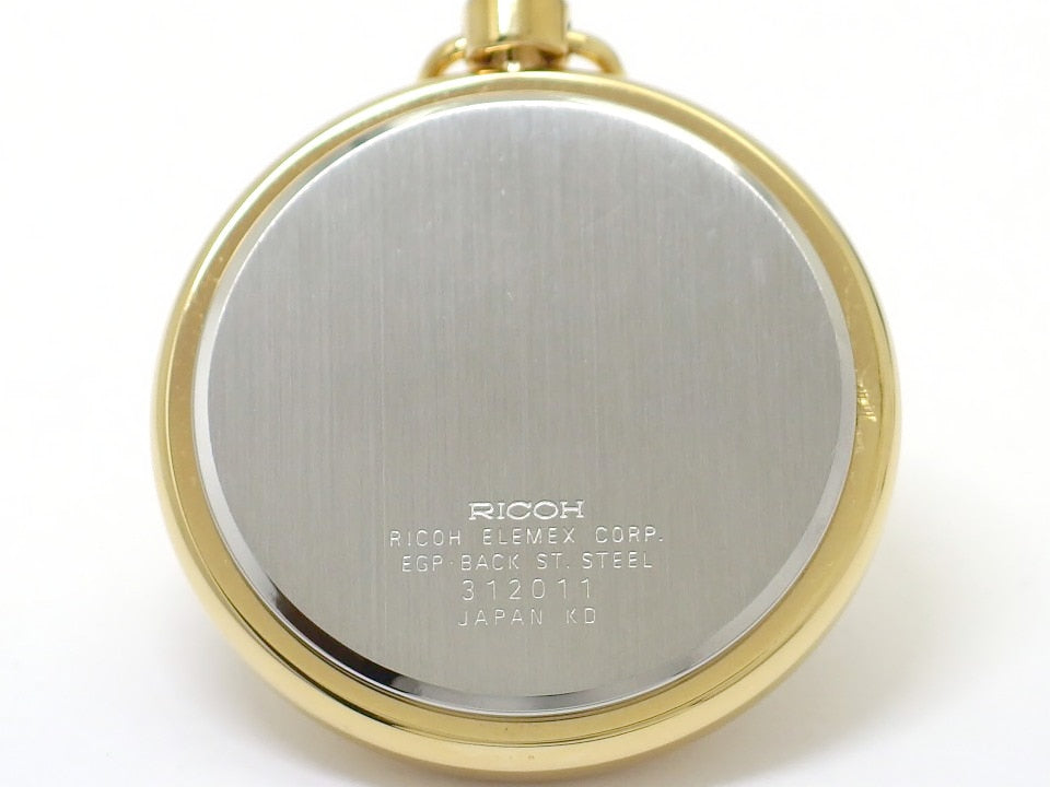 リコー 懐中時計 37mm Ref.312011 ローマインデックス 金メッキ 鎖付き クオーツ 1990年代 USED