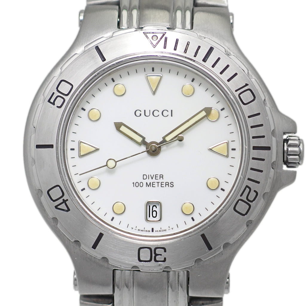 グッチ ダイバー 9750M メンズ 回転ベゼル ホワイト文字盤 クオーツ USED　Gucci